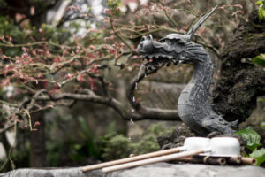 A small fountain in the form of a dragon in a Japanese garden A small fountain in the form of a dragon in a Japanese garden